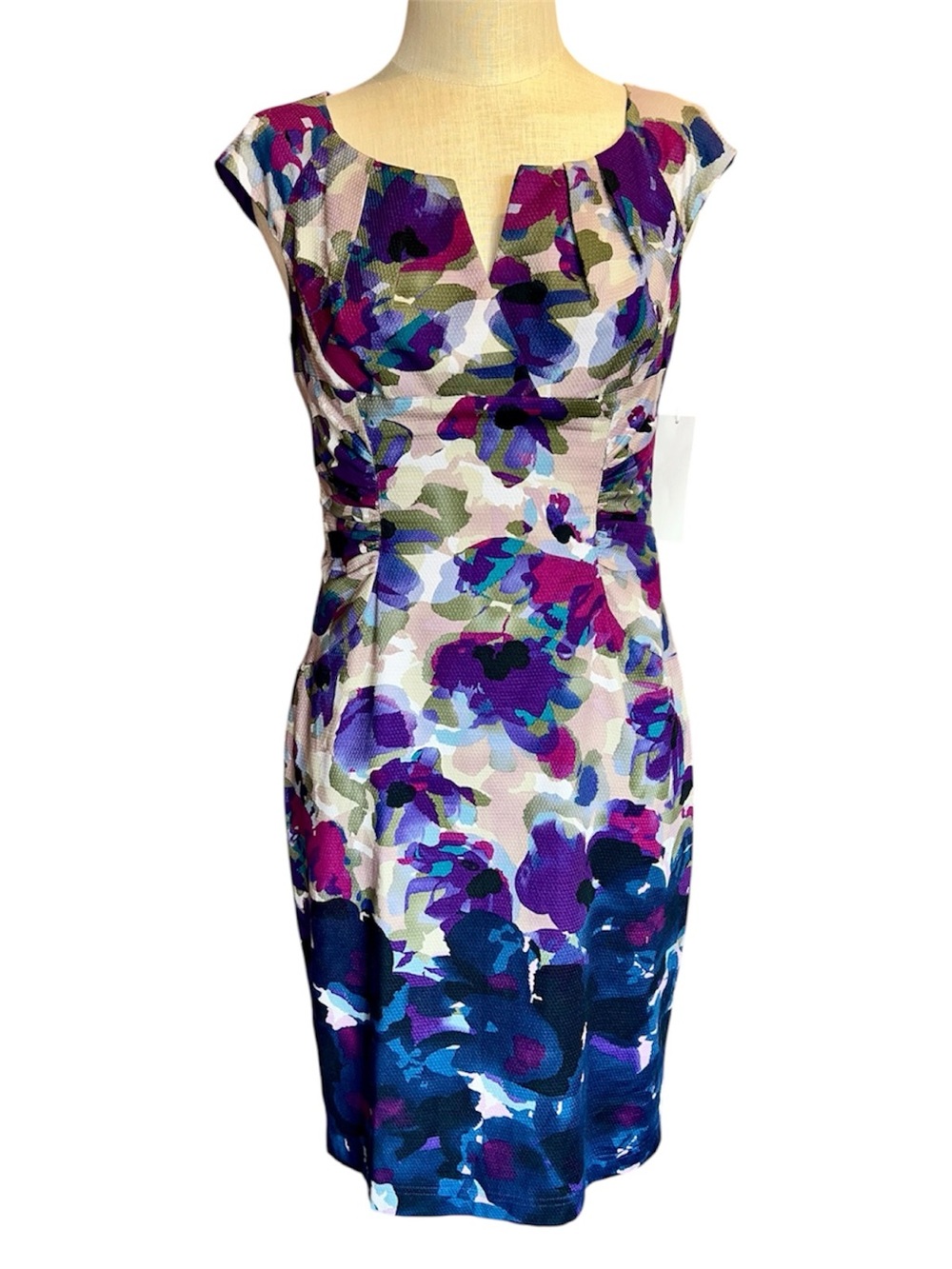 💟Adrianna Papell Purple & Blue Floral Midi Sheath Dress Cotton Blend
